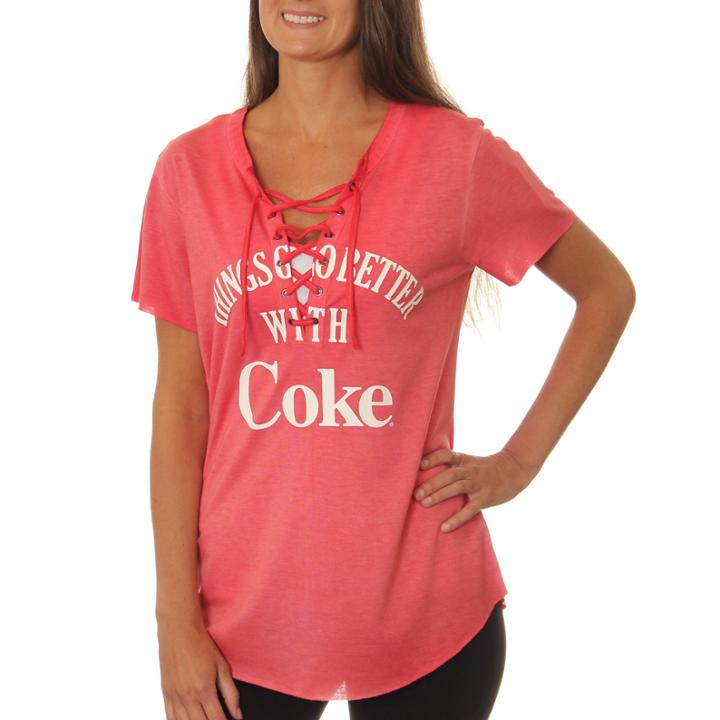Coca-cola Juniors' Things Go Better With Coke Lace-up Washed Short Sleeve Graphic T-shirt