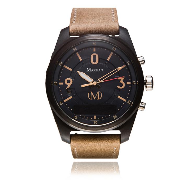 Martian Mens Mvoice Pt 01 Light Brown Leather Band Black Dial Smart Watch-mvr03pt011