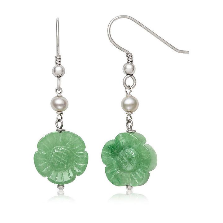 Green Jade Cultured Freshwater Pearls Sterling Silver Flower Drop Earrings