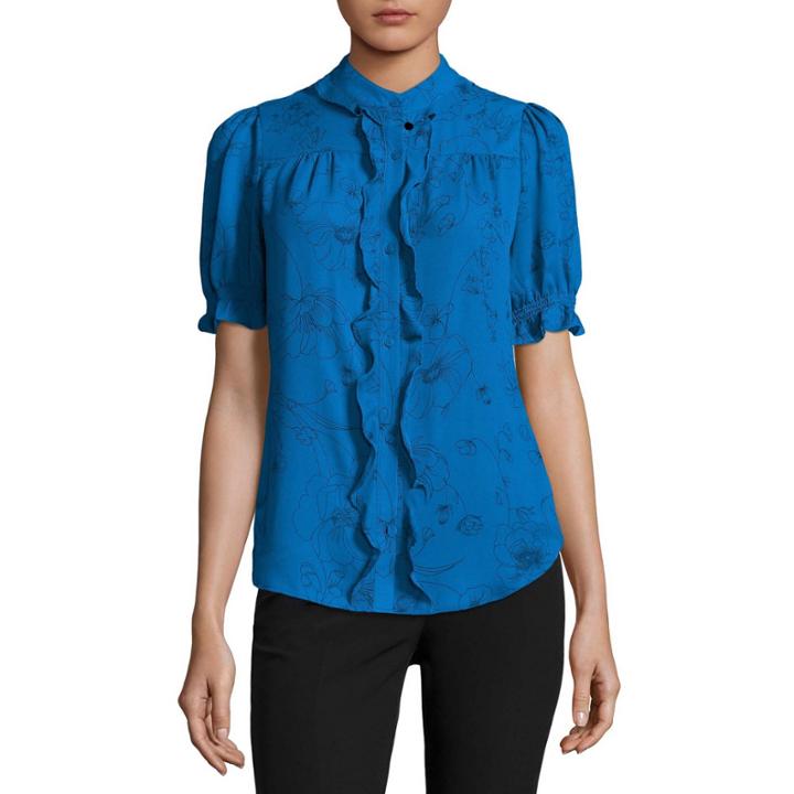 Worthington Short Sleeve Button Front Ruffle Blouse