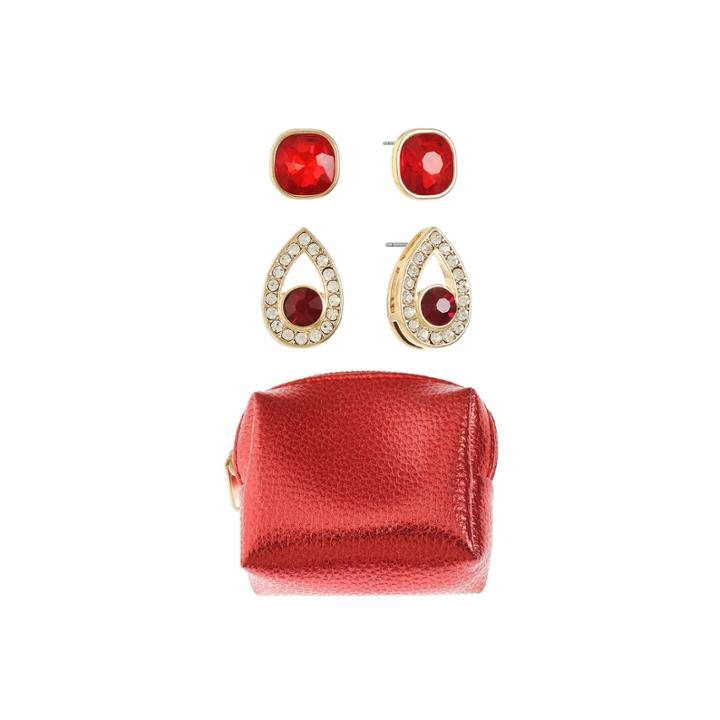 Liz Claiborne Red Stud Earrings, 2 Pair Plus Bonus Pouch