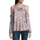 Almost Famous Long Sleeve Y Neck Satin Floral Blouse-juniors