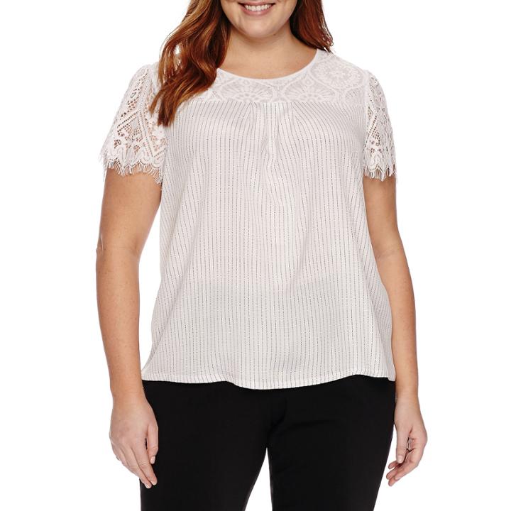 Worthington Short Sleeve Lace Yoke Blouse - Plus