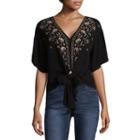 Eyeshadow Short Sleeve V Neck Woven Embroidered Blouse-juniors