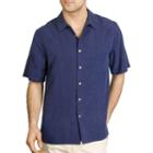 Sandals Cay Men's Night Blue Tonal Leaf Silk Camp Shirt