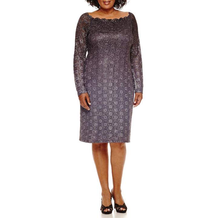 Blu Sage Long-sleeve Scalloped Glitter Ombr Sheath Dress - Plus