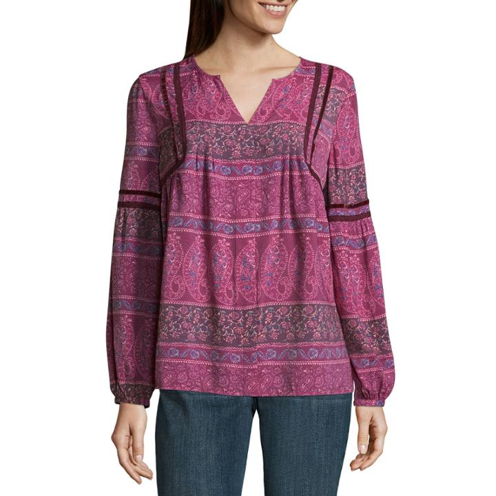 St. John's Bay Long Sleeve Y Neck Woven Floral Blouse