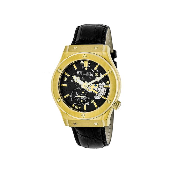 Heritor Automatic Gemini Mens Skeleton Dial Leather-gold/black Watches