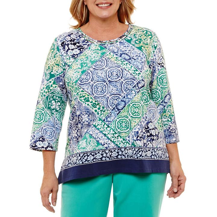 Alfred Dunner Montego Bay 3/4 Sleeve Patchwork T-shirt- Plus
