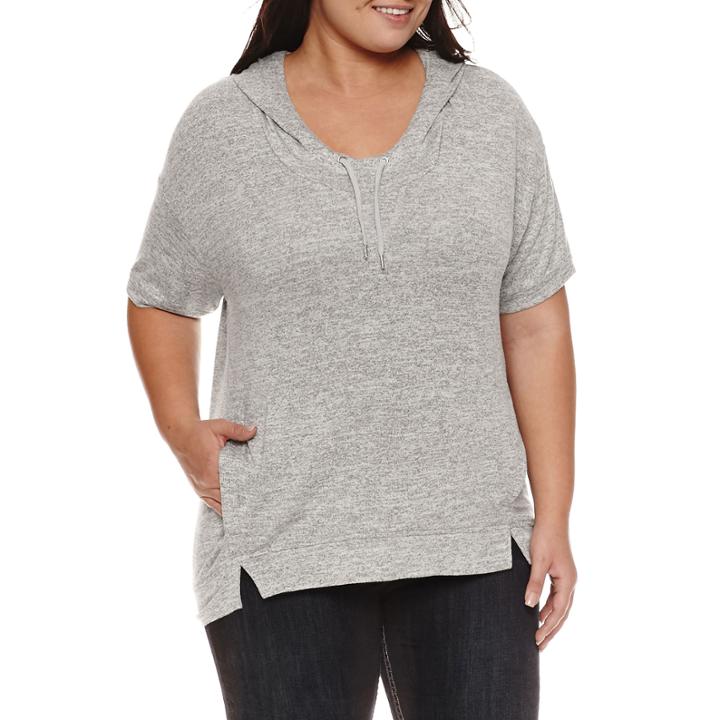 Boutique + Short Sleeve Knit Hoodie Plus