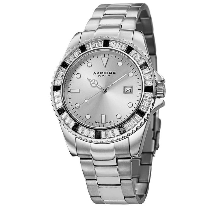 Akribos Xxiv Mens Silver Tone Strap Watch-a-702ss