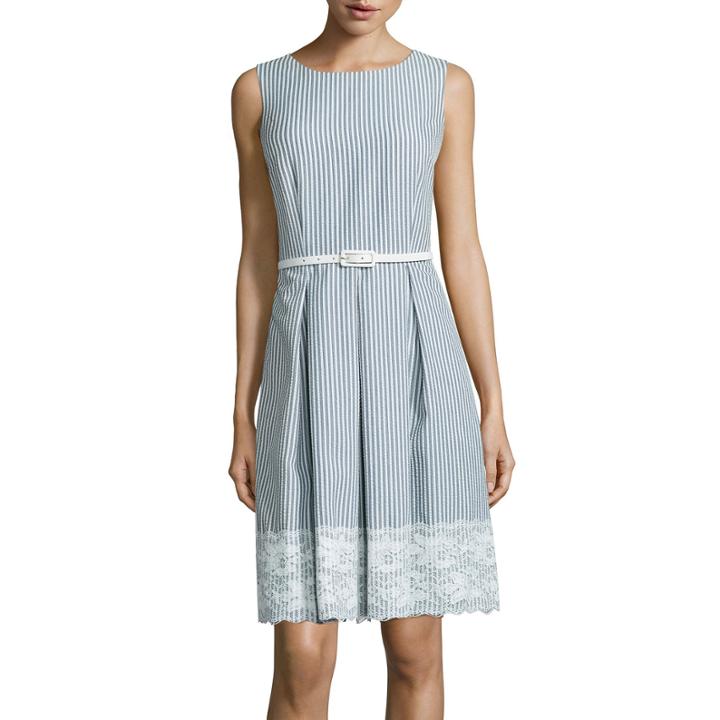 R & K Originals Sleeveless Lace-trim Seersucker Fit-and-flare Dress