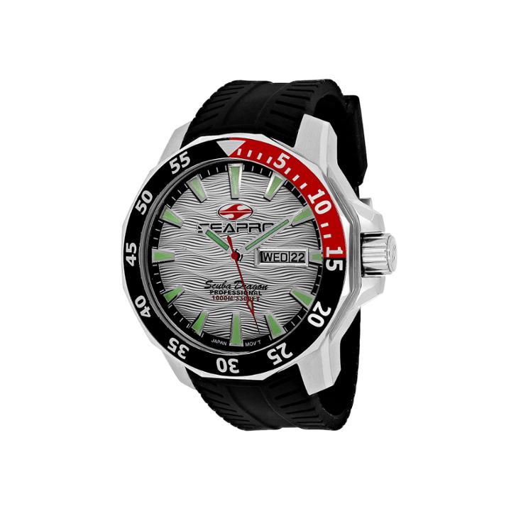Seapro Scuba Dragon Diver Mens Silver Dial Black Silicone Strap Watch