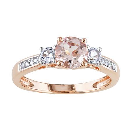 Genuine Morganite And Diamond-accent 10k Rose Gold 3-stone Ring