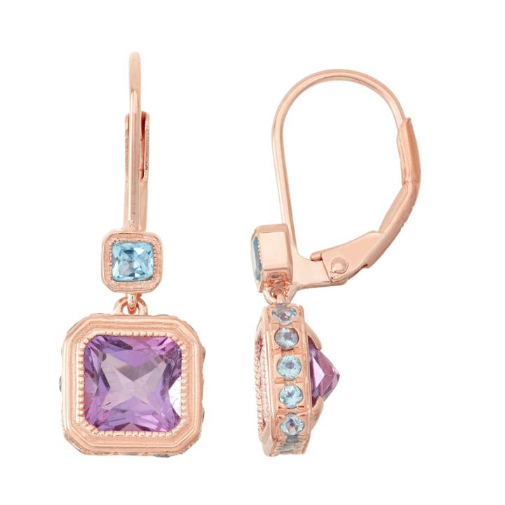 Genuine Amethyst & Blue Topaz 14k Rose Gold Over Silver Leverback Earrings
