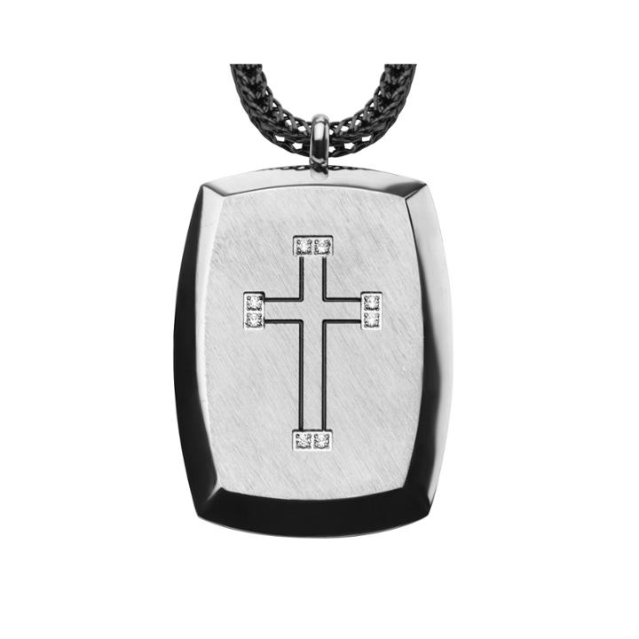 Inox Jewelry Mens Cubic Zirconia Stainless Steel Cross Dog Tag Pendant