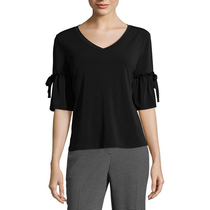 Worthington 3/4 Sleeve V Neck Knit Blouse-petites