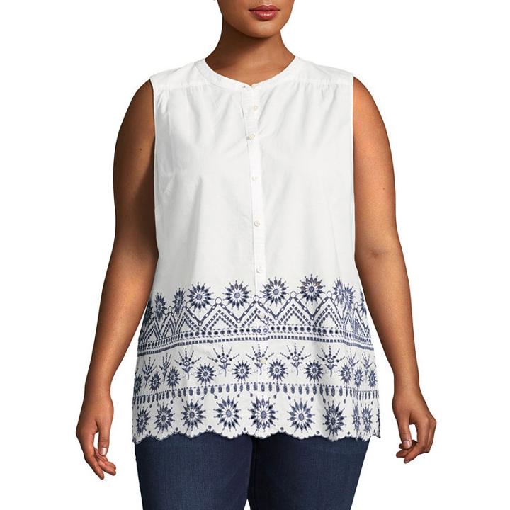 St. John's Bay Sleeveless Mandarin Collar Button Front Shirt - Plus