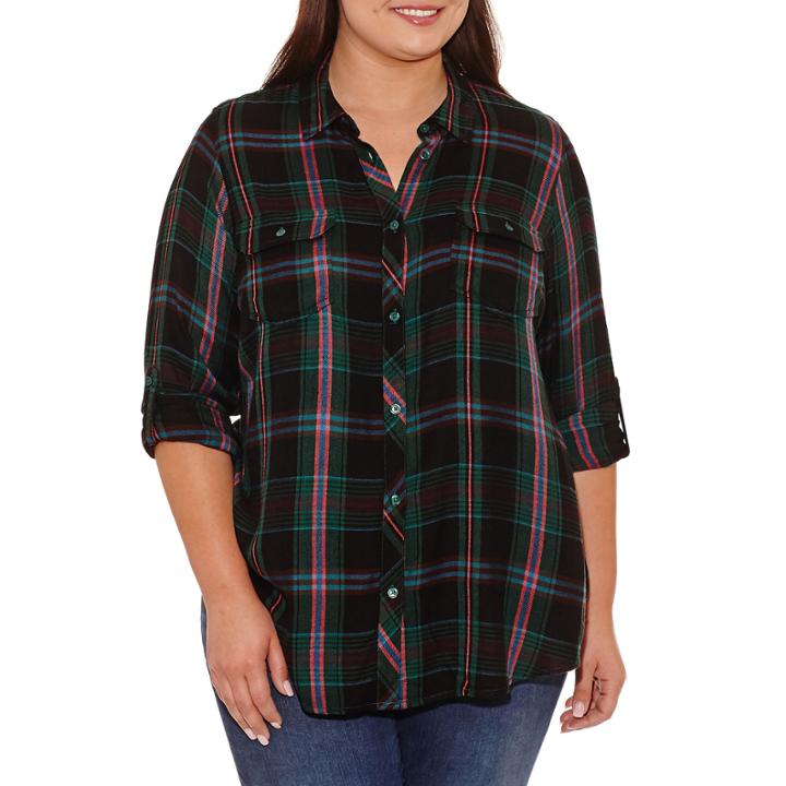 Boutique + Long Sleeve Plaid Button-front Shirt-plus