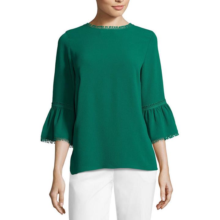 Liz Claiborne Bell Sleeve Jewel Neck Lace Trim Crepe Blouse