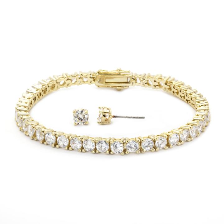 Sparkle Allure Cubic Zirconia Round Stone Gold Tennis Bracelet With Earrings