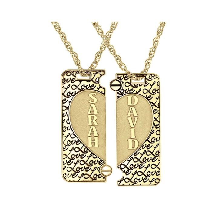Personalized 14k Gold Over Silver Couple's Name Puzzle Heart Pendant Necklaces