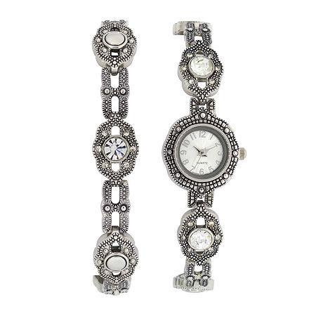 Womens Silver-tone Marcasite Watch And Bracelet Set
