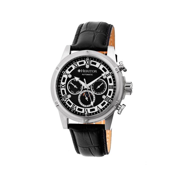 Heritor Automatic Kinser Mens Leather Day & Date-silver/black Watches