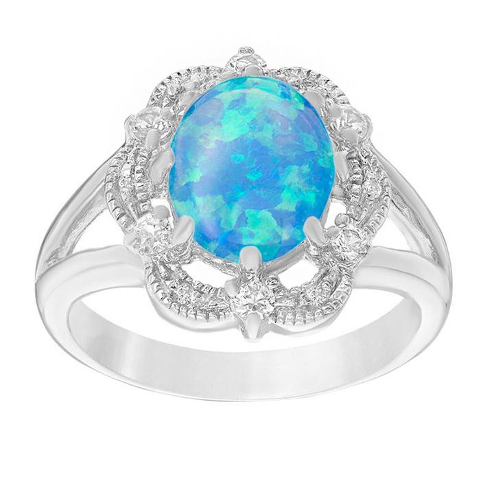 Womens Lab Created Opal Blue Sterling Silver Cocktail Ring