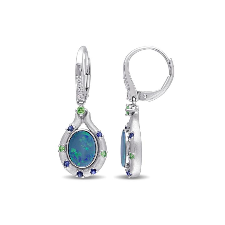 Genuine Green Australian Opal, Tsavorite And White Sapphire Earrings