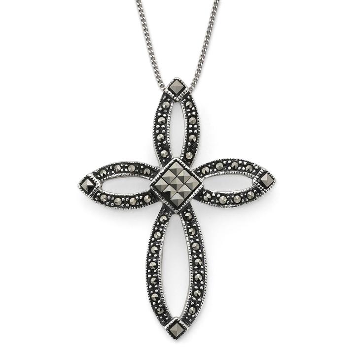 Marcasite Open Cross Pendant Sterling Silver Necklace