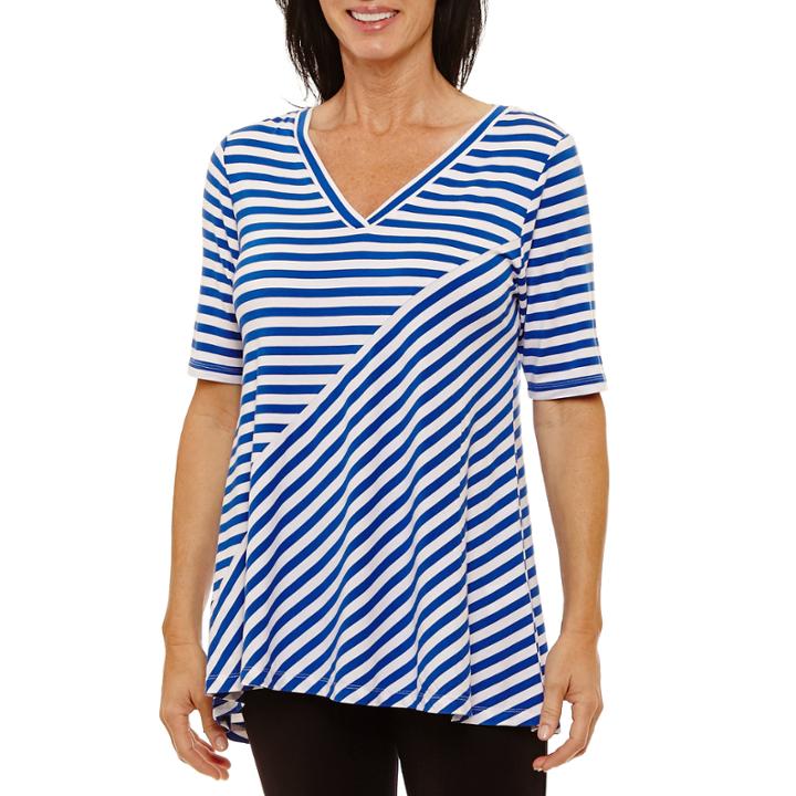 Sag Harbor 3/4 Sleeve V Neck Stripe T-shirt-womens
