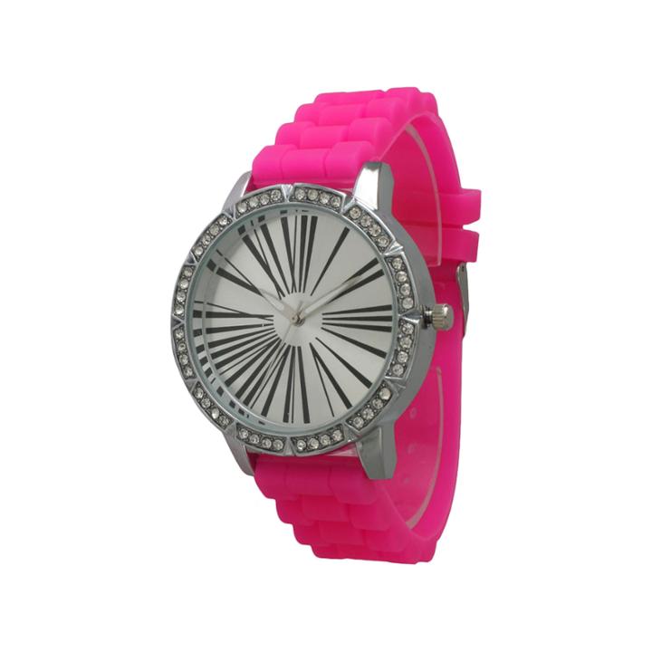 Olivia Pratt Womens Rhinestone Bezel Roman Numeral Dial Hot Pink Silicon Watch 20369hot Pink