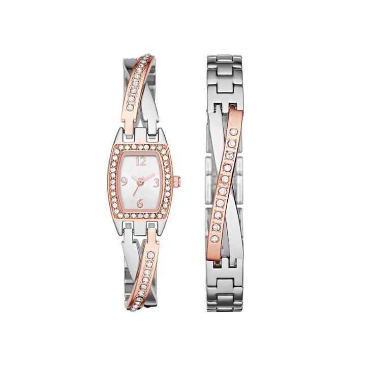 Womens Crystal Criss-cross Glitz Watch And Bracelet Set