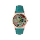 Olivia Pratt Womens Floral Rhinestone Accent Dial Teal Leather Watch 14977