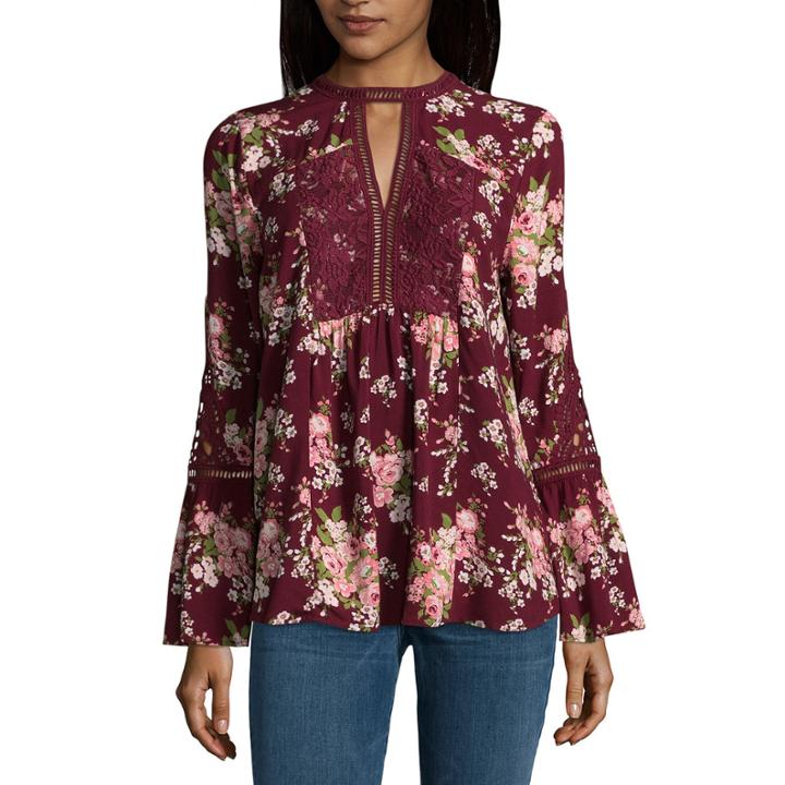 Miss Chievous Elbow Sleeve Keyhole Neck Woven Blouse-juniors
