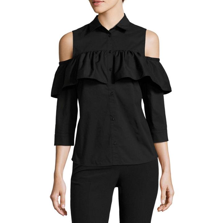 Worthington 3/4 Sleeve Button-front Ruffle Shirt