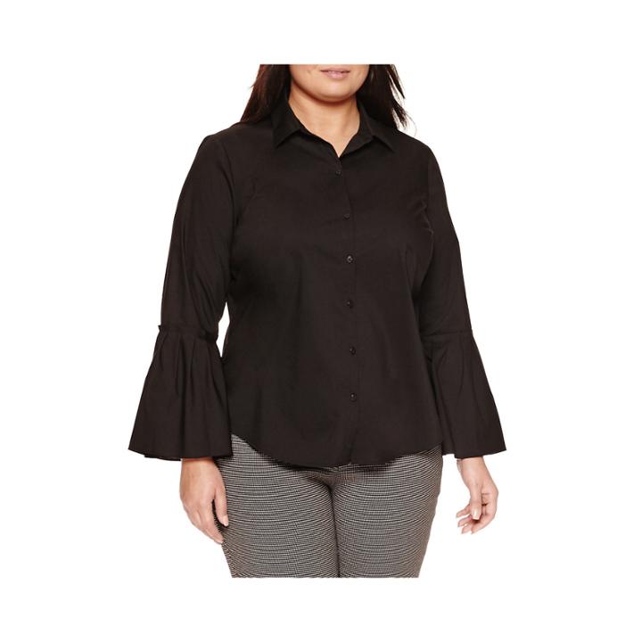 Worthington Long Flared Sleeve Button Front Shirt - Plus
