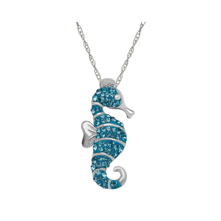 Blue Crystal Sterling Silver Sea Horse Pendant Necklace