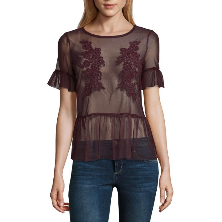 Lone+lux Short Sleeve Embroidered Mesh Top