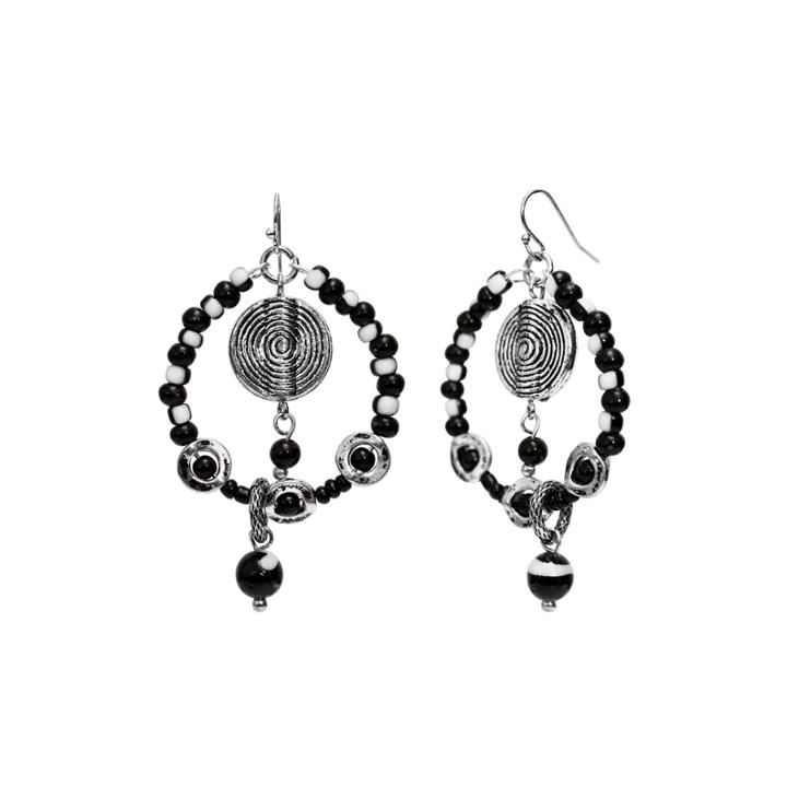 Aris By Treska Silver-tone Black Beaded Hoop Earrings