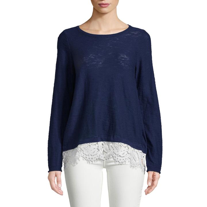 John Paul Richard Long Sleeve Lace Trim Pullover Sweater