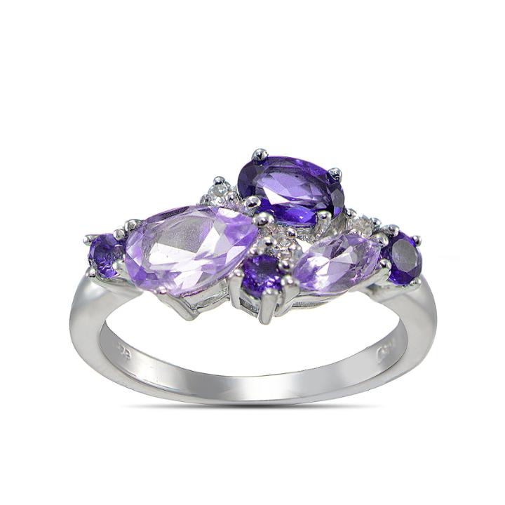 Womens Purple Amethyst Sterling Silver Cluster Ring