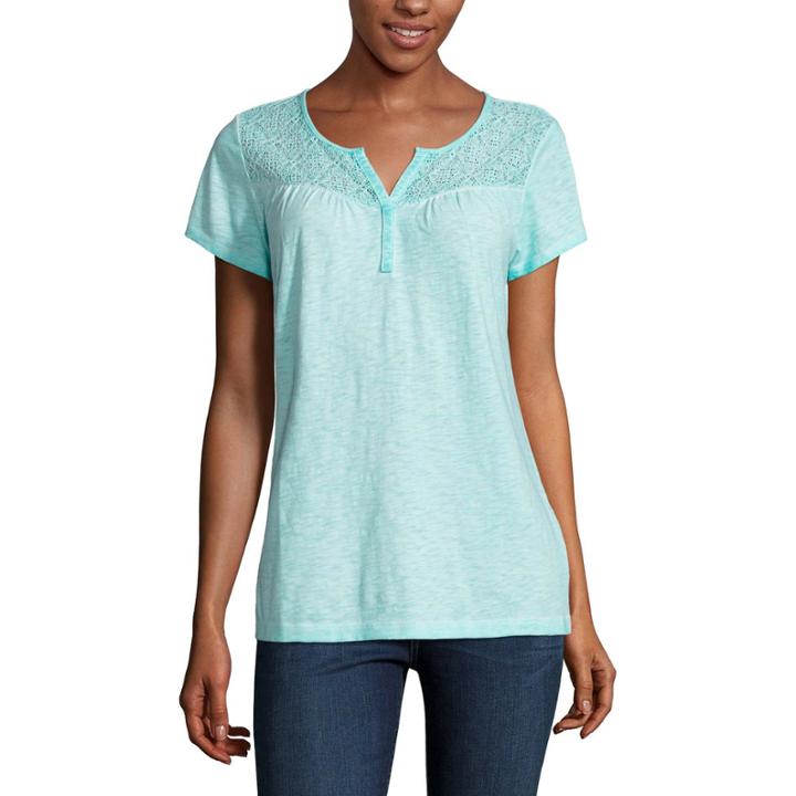 St. John's Bay Short Sleeve Split Crew Neck T-shirt-womens Plus
