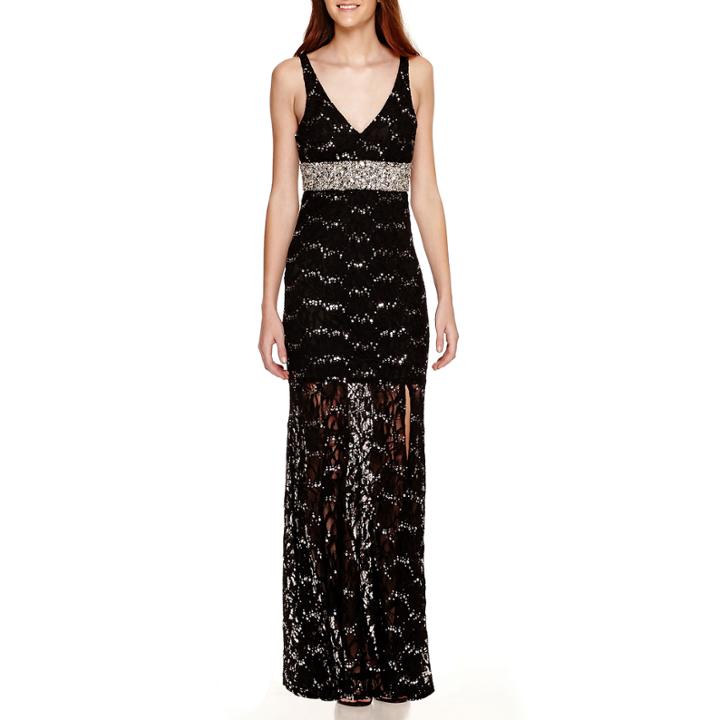 My Michelle Sleeveless Double-v Allover-lace Long Dress