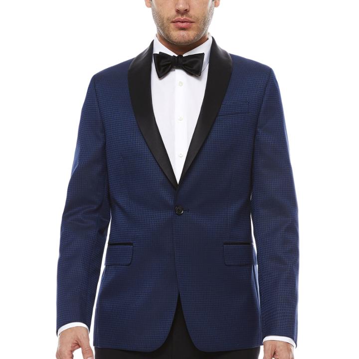 Jf J. Ferrar Stretch Blue Houndstooth Tuxedo Jacket- Slim
