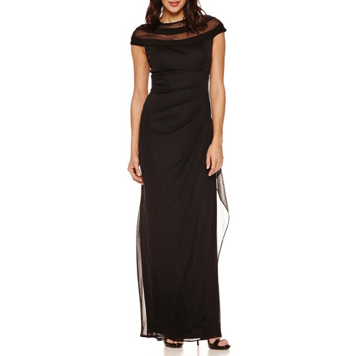 Msk Short Sleeve Mesh Illusion-neck Evening Gowns-petites