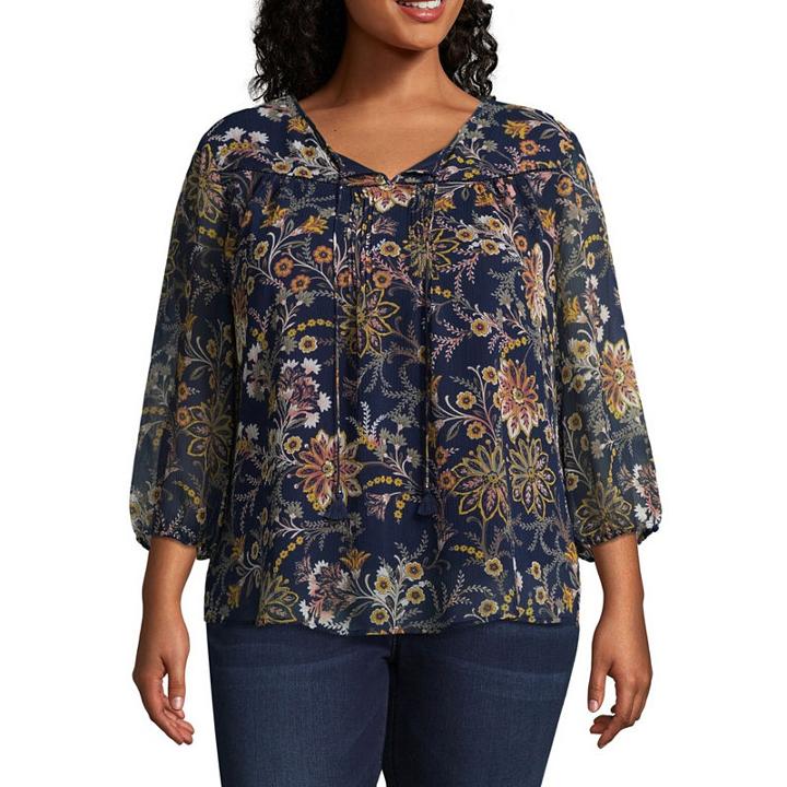 St. John's Bay 3/4 Sleeve Tie Front Blouse - Plus