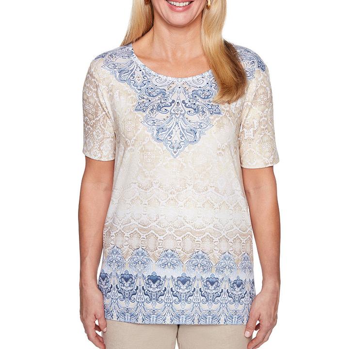 Alfred Dunner Blues Traveler Short Sleeve Crew Neck Scroll T-shirt-womens
