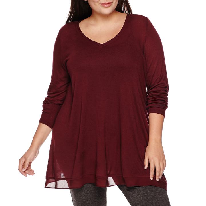 A.n.a Long-sleeve Swingy Woven-trim Top - Plus